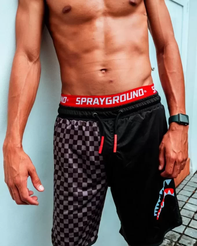 GREY CHECKERED SPLIT CORTO SWIM TRUNKS