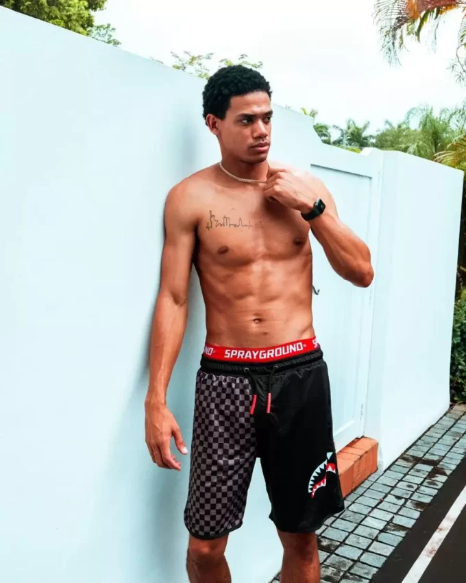 GREY CHECKERED SPLIT CORTO SWIM TRUNKS