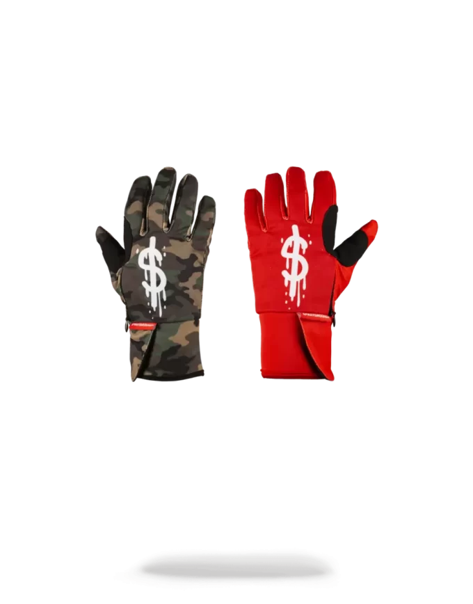 LEFT RED / RIGHT CAMO MONEY DRIPS GLOVES