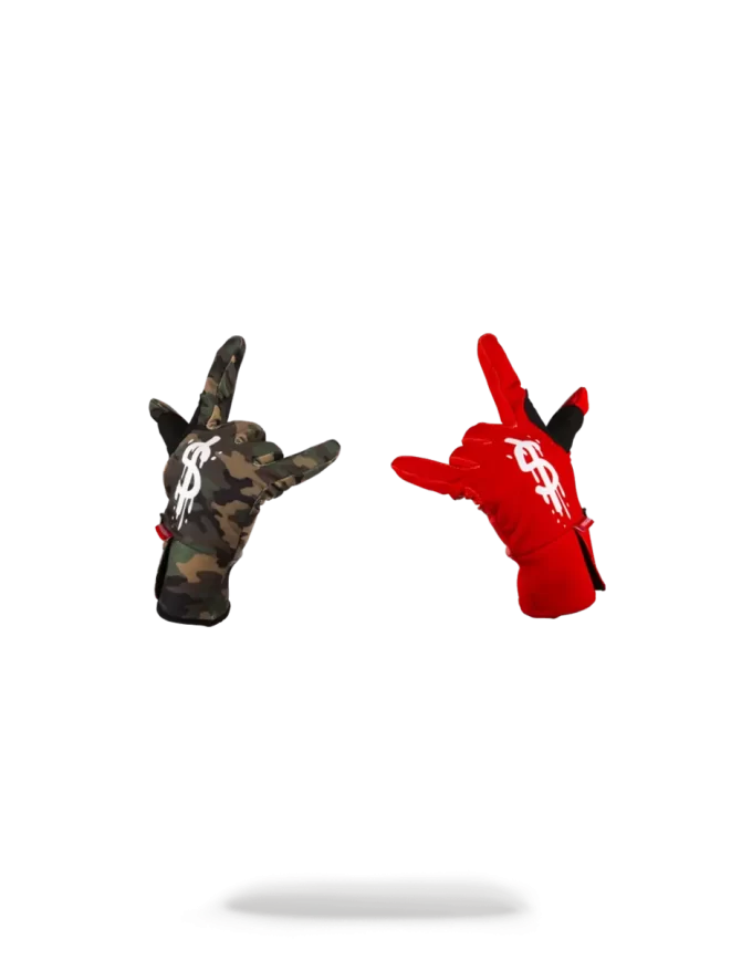 LEFT RED / RIGHT CAMO MONEY DRIPS GLOVES